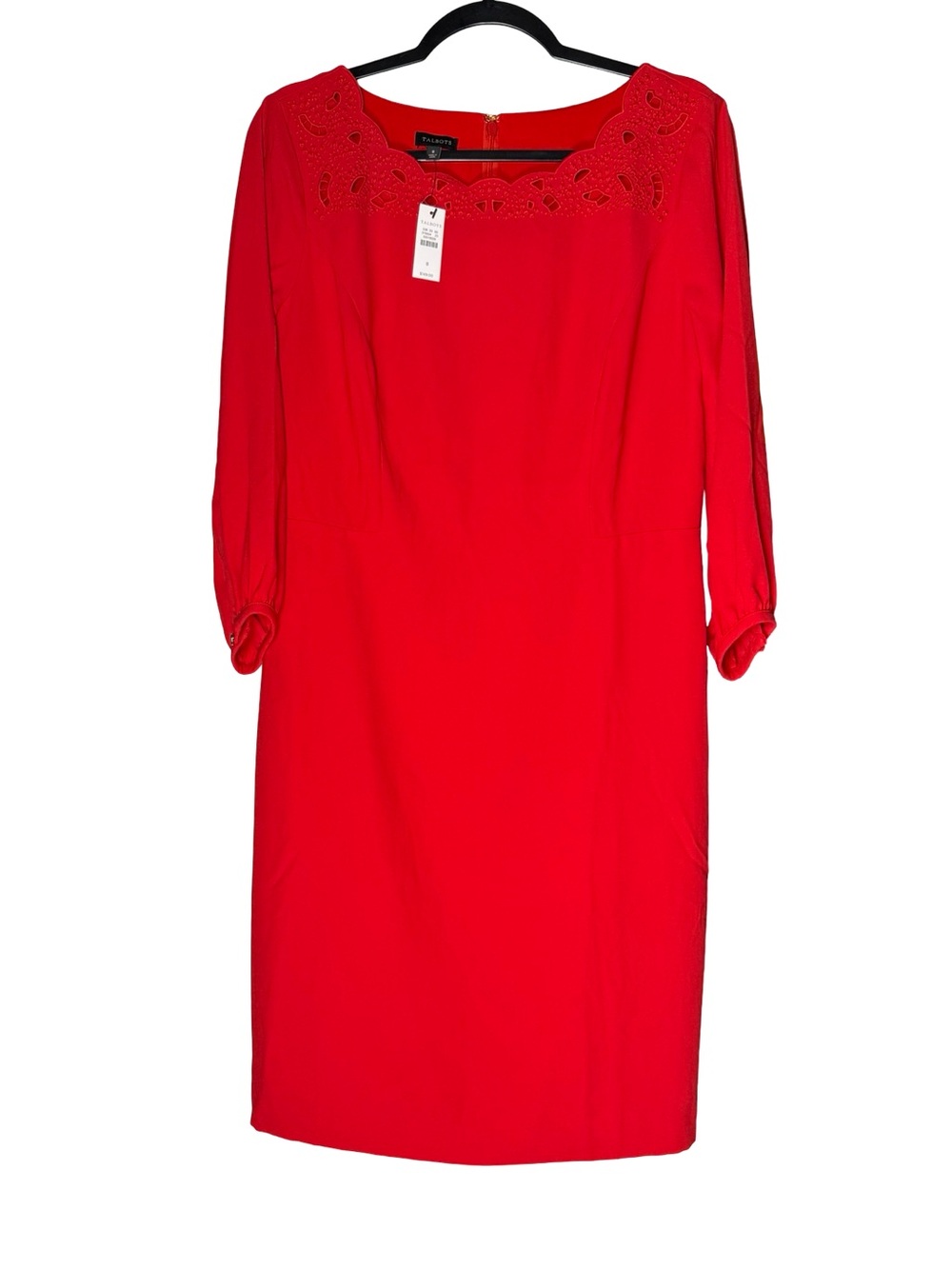 Talbots Embroidered Crepe Shift Dress Sz 8 Red Scallop Neck Career Office NWT